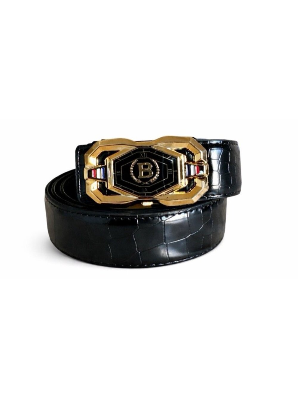 Elegant Fashion Men Belt Adjustable Gold Buckle Crocodile Black Length 51 in new